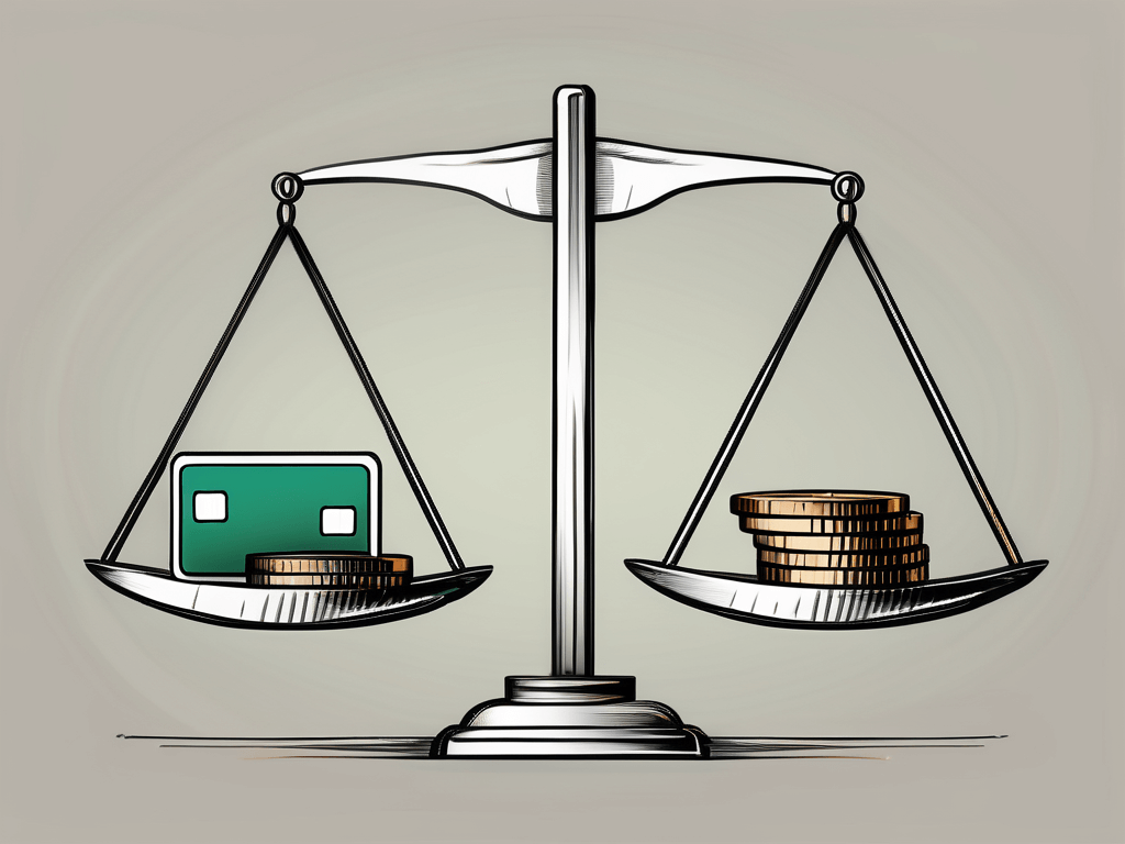 A balance scale with credit cards on one side and coins on the other