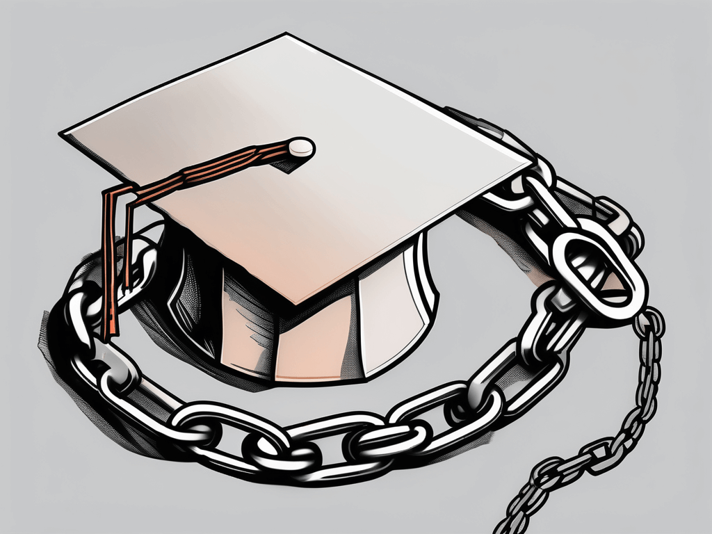 A graduation cap resting on top of a broken chain