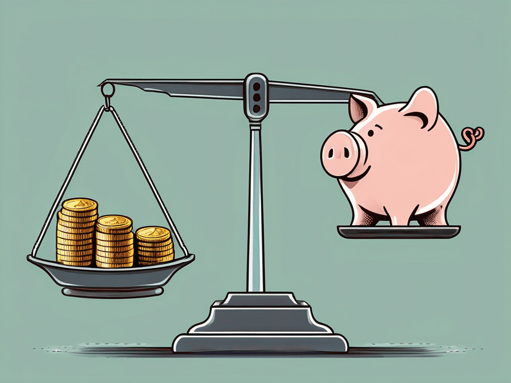 A traditional piggy bank sitting on one side of a balance scale