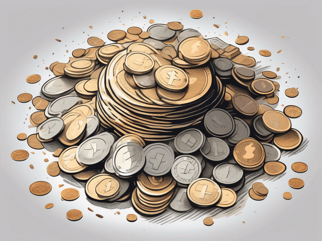 A pile of scattered coins and banknotes merging into a single large coin