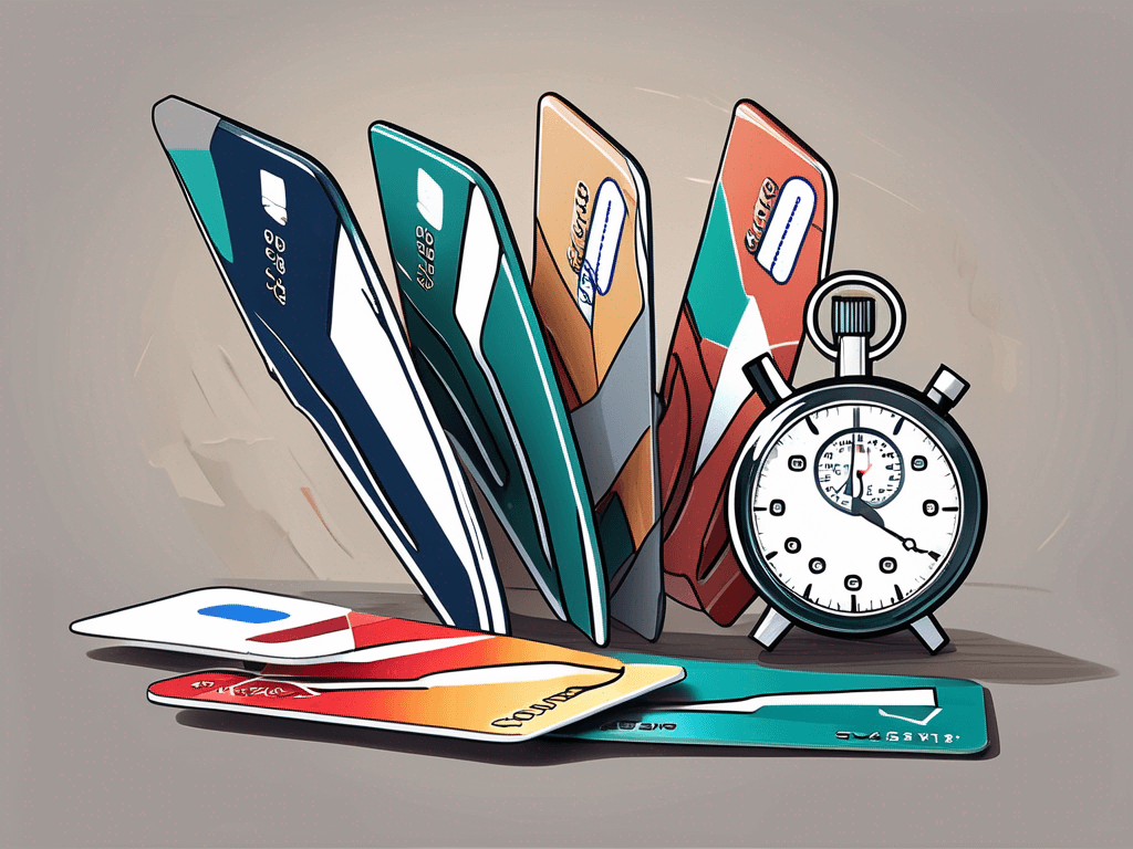 Five different credit cards being cut up by a pair of scissors