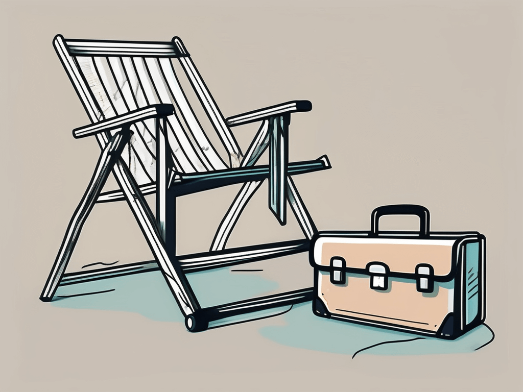 A scale balancing a beach chair (representing relaxation and retirement) on one side and a briefcase (representing work) on the other side