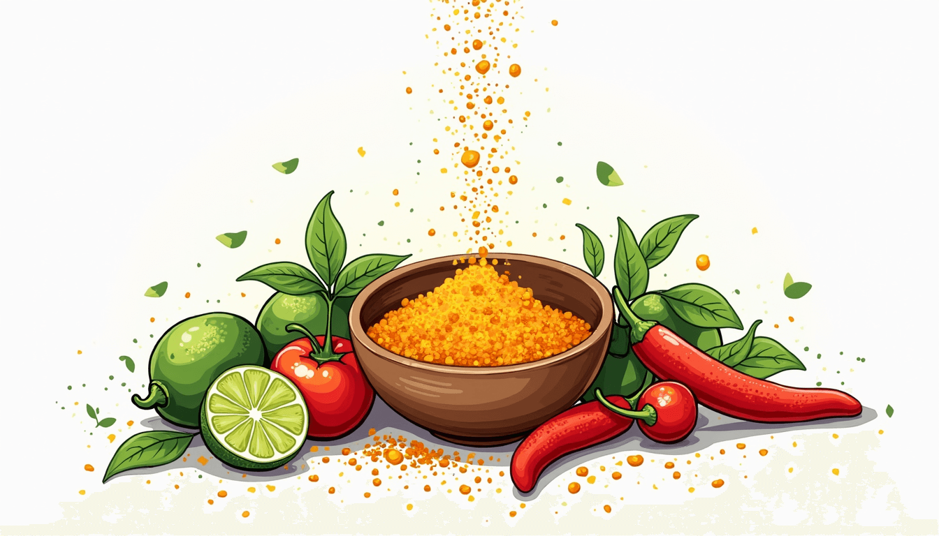 Draw an illustration of a vibrant bowl of tajÃ­n seasoning surrounded by fresh ingredients like lime