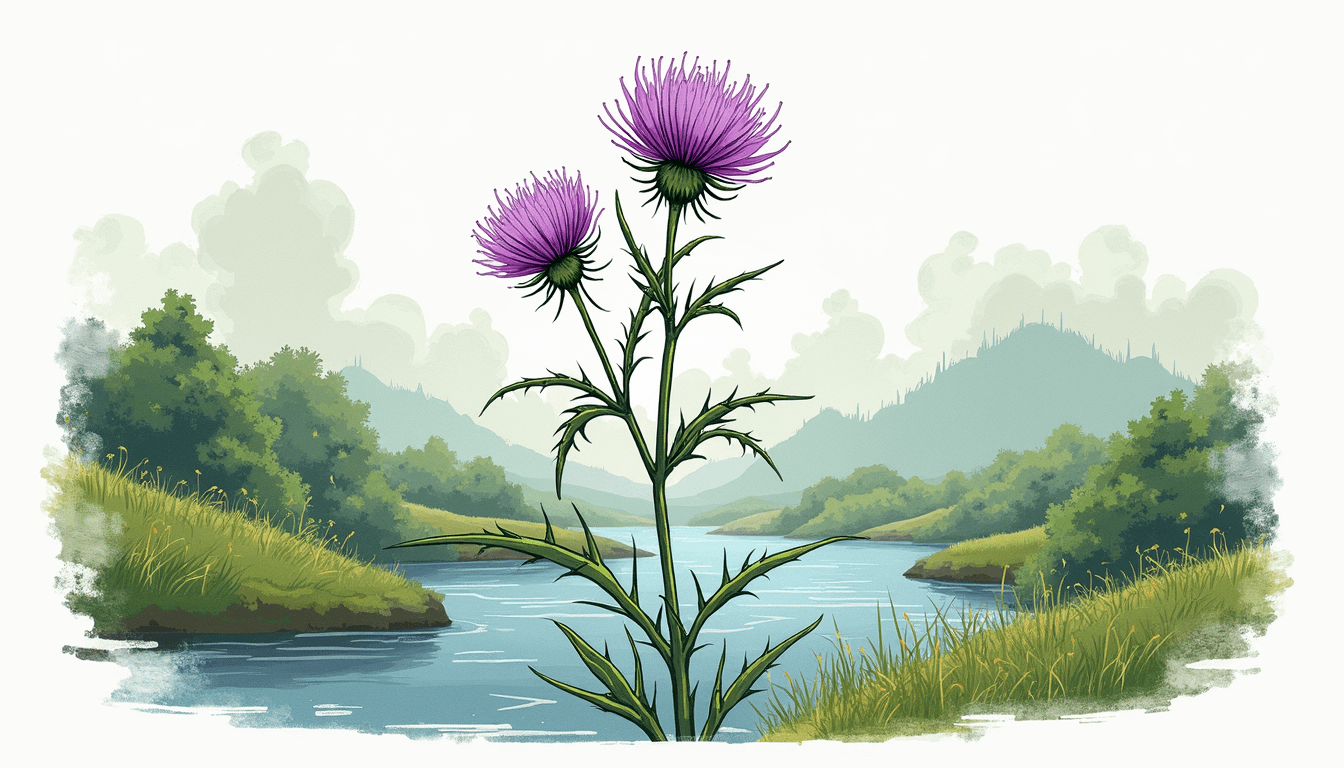 Draw an illustration of a vibrant milk thistle plant with its distinctive purple flowers and spiky green leaves