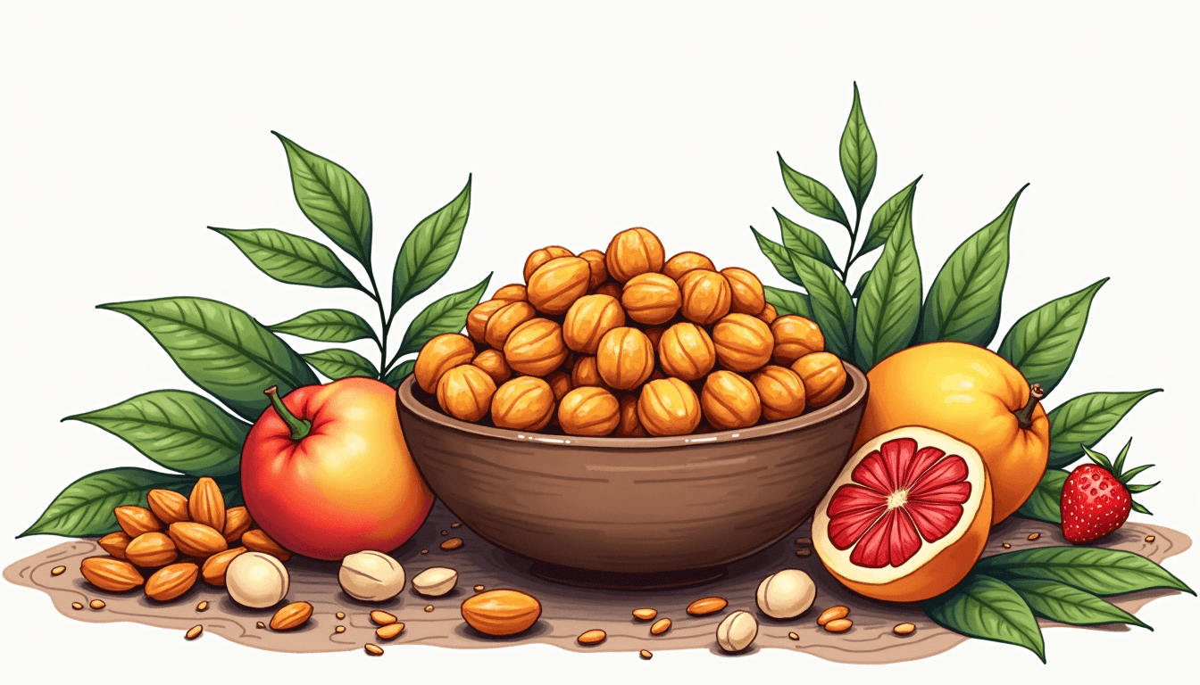 Draw an illustration of a vibrant bowl filled with roasted makhana (fox nuts) surrounded by various healthy ingredients like nuts