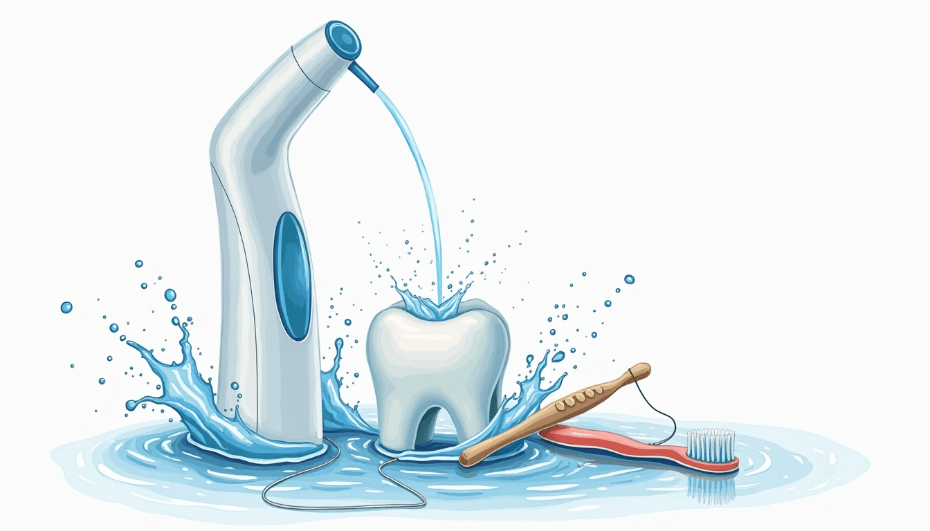 An elegant water flosser positioned next to a sparkling clean tooth